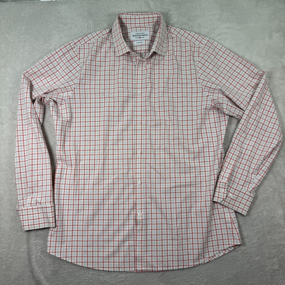 Mizzen+Main Shirt Mens 2XL Red White Plaid Leeward Trim Fit Collared Button-Up